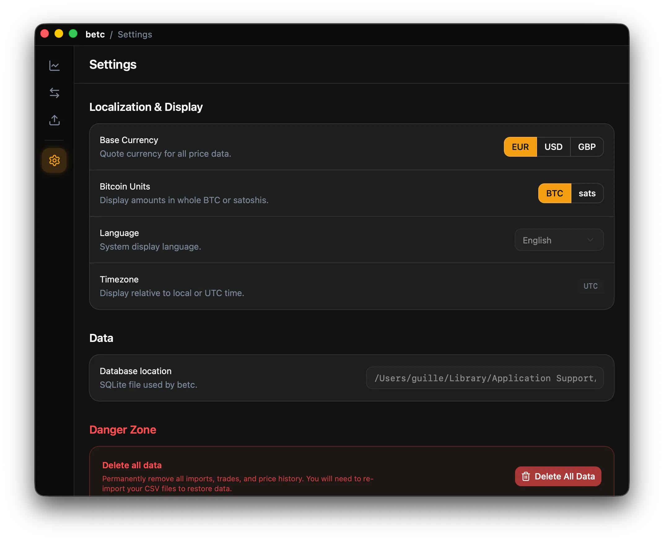 Satfolio settings showing currency, units, and data options